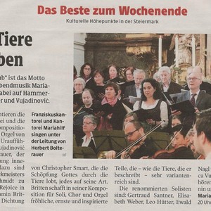 Ankündigung zum Konzert 'Rejoice in the lamb' von Benjamin Britten / Foto: Abendmusiken Mariahilf / Kleine Zeitung Nov. 2019